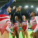 2016 Rio Olympics - Artistic Gymnastics - Final - Women's Team Final - Rio Olympic Arena - Rio de Janeiro, Brazil - 09/08/2016. (L-R) Alexandra Raisman (USA) of USA (Aly Raisman), Laurie Hernandez (USA) of USA, Gabrielle Douglas (USA) of USA (Gabby Douglas), Madison Kocian (USA) of USA and Simone Biles (USA) of USA celebrate winning gold in the women's team final. REUTERS/Mike Blake FOR EDITORIAL USE ONLY. NOT FOR SALE FOR MARKETING OR ADVERTISING CAMPAIGNS. - RTSM8BI